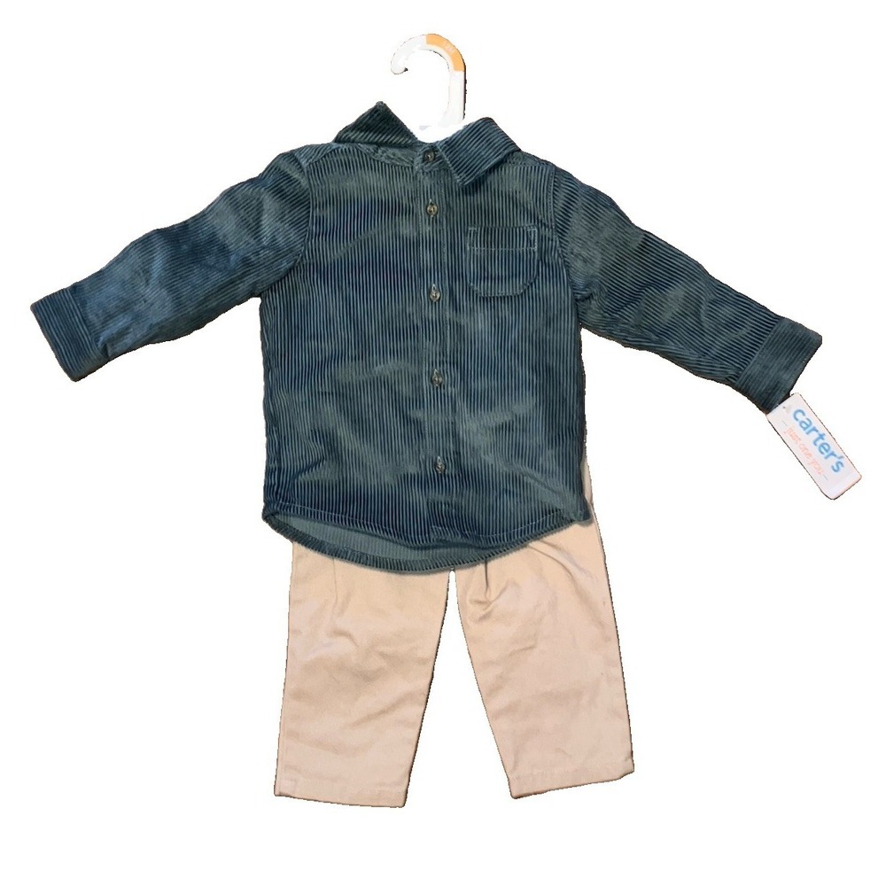 Carter's Boys 12m Set Blue Corduroy Shirt Khaki Pants Long Sleeve NWT